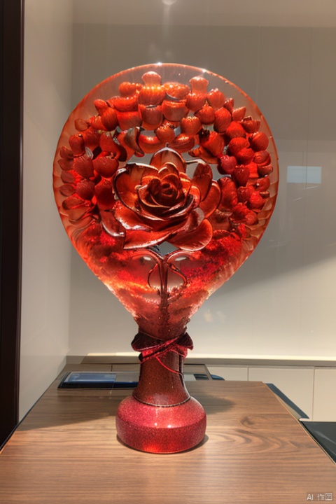 love heart,love heart shape, a big crystal rose in a vase,red rose round, english text\(LOVE), glass vase, no humans,gift box, candy, red theme, still life, LOL,Ahri,CNliuli