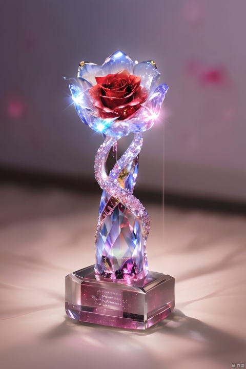 blurry, cnliuli, crystal,sparks,flower, artist name, blurry, english text, book, no humans, sparkle, shadow, rose, red flower, gem, red rose, crystal, still life, cosmetics,
