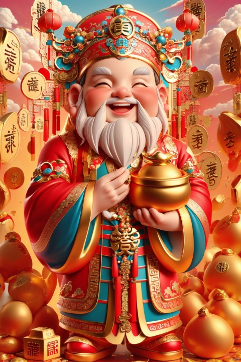  masterpiece,best quality,caishen,1man,facial hair,beard,solo,chinese clothes,long sleeves,wearing red caishen_headwear,wide sleeves,smile,gold,cloud, facai, xinnian, caishen, dafengcaishen, 1Man