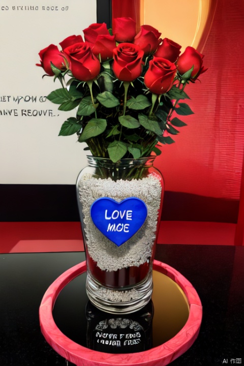love heart,love heart shape, a big crystal rose in a vase,red rose round, english text\(LOVE), glass vase, no humans,gift box, candy, red theme, still life, LOL,Ahri,ciping,GVJames