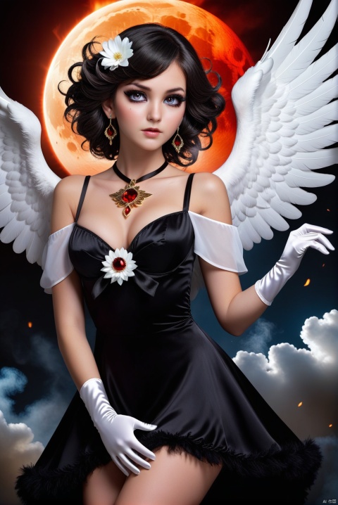 1girl, solo, short hair, simple background, black hair, jewelry, earrings, black eyes, lips, portrait, realistic,feathered wings, angel wings, white wings,zj(((masterpiece))),best quality, illustration,beautiful detailed glow,(beautiful detailed eyes), (dark magician girl:1.1),big forhead,flower,large top sleeves,Floating ashes, Beautiful and detailed explosion, red moon, fire,Fire cloud, Wings on fire, a cloudy sky, smoke of gunpowder, burning, black dress, (beautiful detailed eyes),expressionless,beautiful detailed white gloves, Dove of peace, (floating cloud:1.2),azure hair,disheveled hair,long bangs, hairs between eyes, black kneehighs, black ribbon,white bowties,midriff,{{{half closed eyes}}},white_dress