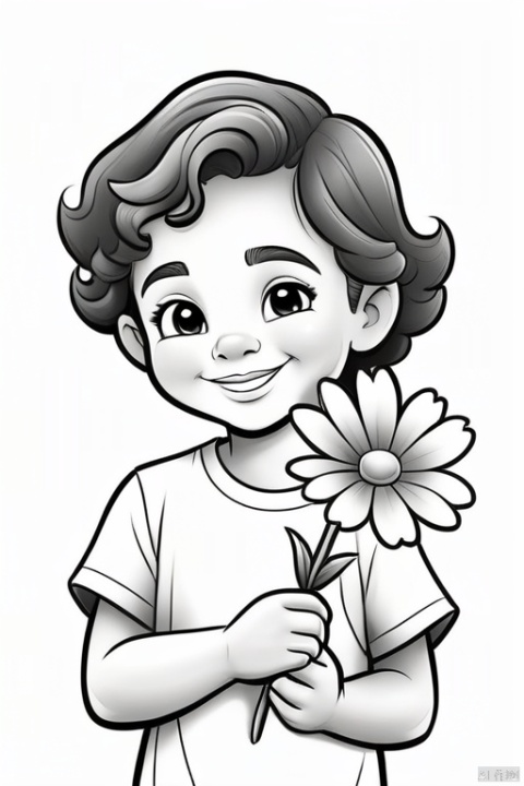 kid's coloring book,a happy young giel holding a flower,cartoon,thicj lines,black and white,white back ground,