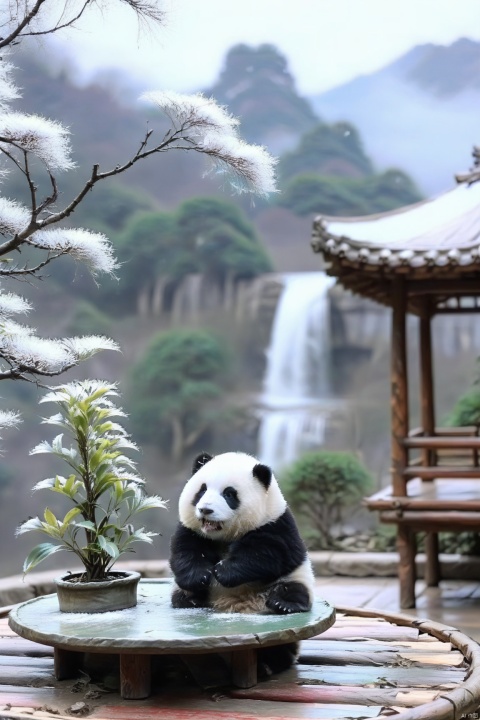 little trees in the foreground,1 panda is playing on the table,snowing, sky and clouds, plants, waterfall,small pavilion, snowy mountains in the far background, Yshanshui,