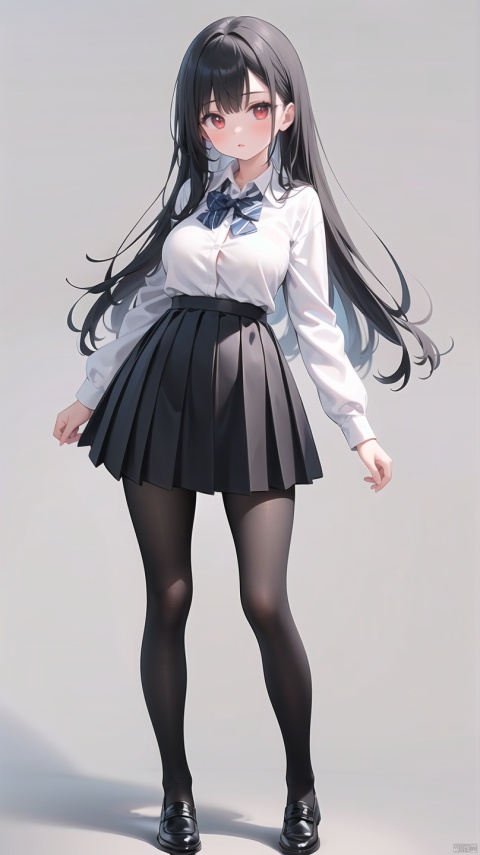  1girl,pleated_skirt,miniskirt,school_uniform, grey_background,black footwear, long_hair, two-tone_background,black_dress,miniskirt
,white_hair,(black pantyhose:1.2),standing,full body,red eyes,panties,