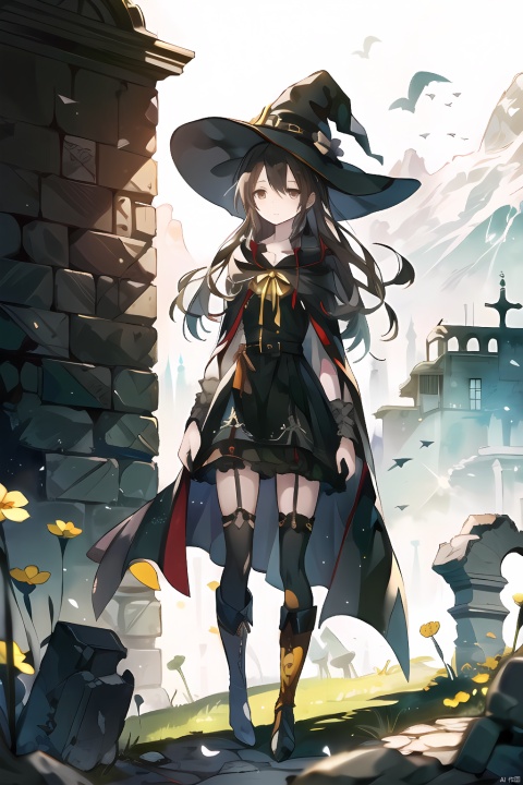 forest,backlighting,alpine,grassland,flowers meadows,ruins,no humans,building_ruins,illustration,a girl,solo,witch,looking at viewer,messy hair,long hair,Dark brown hair,looking afar,standing,cold attitude,gloom (expression) depressed,Cape hood,Witch dress,garter_belt,boot, backlight