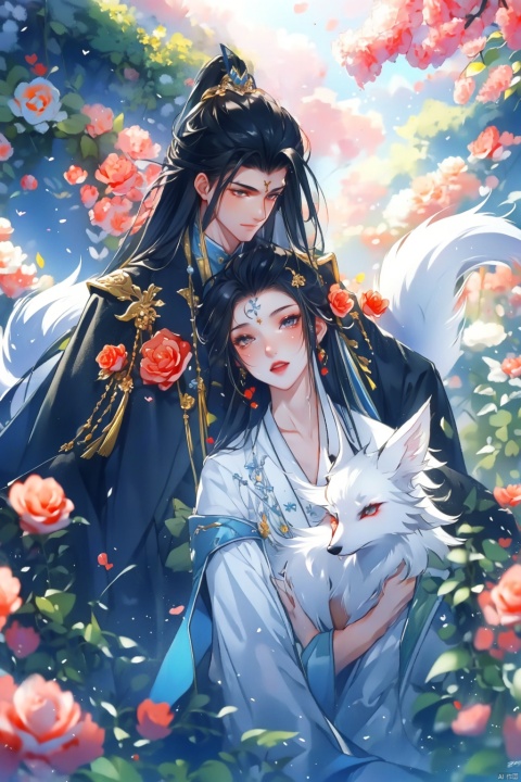  (8k, RAW photo, best quality, masterpiece:1.2),ultra-detailed, extremely detailed cg 8k wallpaper,hatching (texture),skin gloss,light persona,1girl, 1boy, long black hair, jewelry, hetero, hair ornament, petals, looking at another1male, 1girl，love，sex，full body perspective，squirting，roses garden，rough ****，exposed，rouge，semen on both bodies，a thicklongdick，a pink vulva，semenonvulva，1boyand1girlmakingsexfiercely，1boywithlongblackhair，男性依赖女性，1boy with white fox ears on head，girl emperor with her boy，1boy in pink