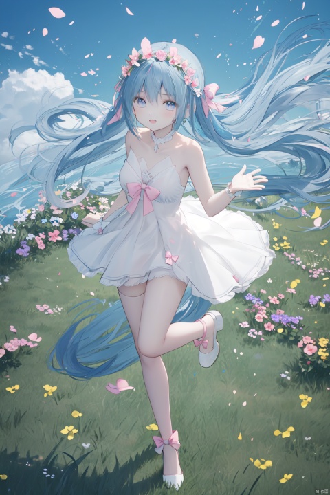 1 Girl, Bluehair, Bow, Blue Eyes, Nude, Silhouette, Full Body, Depth of Field, Floating in the Air, Blue Sky ,full_body, from_above, knees_apart, Knees Raised to Chest, Happy, Ankle Rings, Grass, Headpiece Garland, Pink Stockings