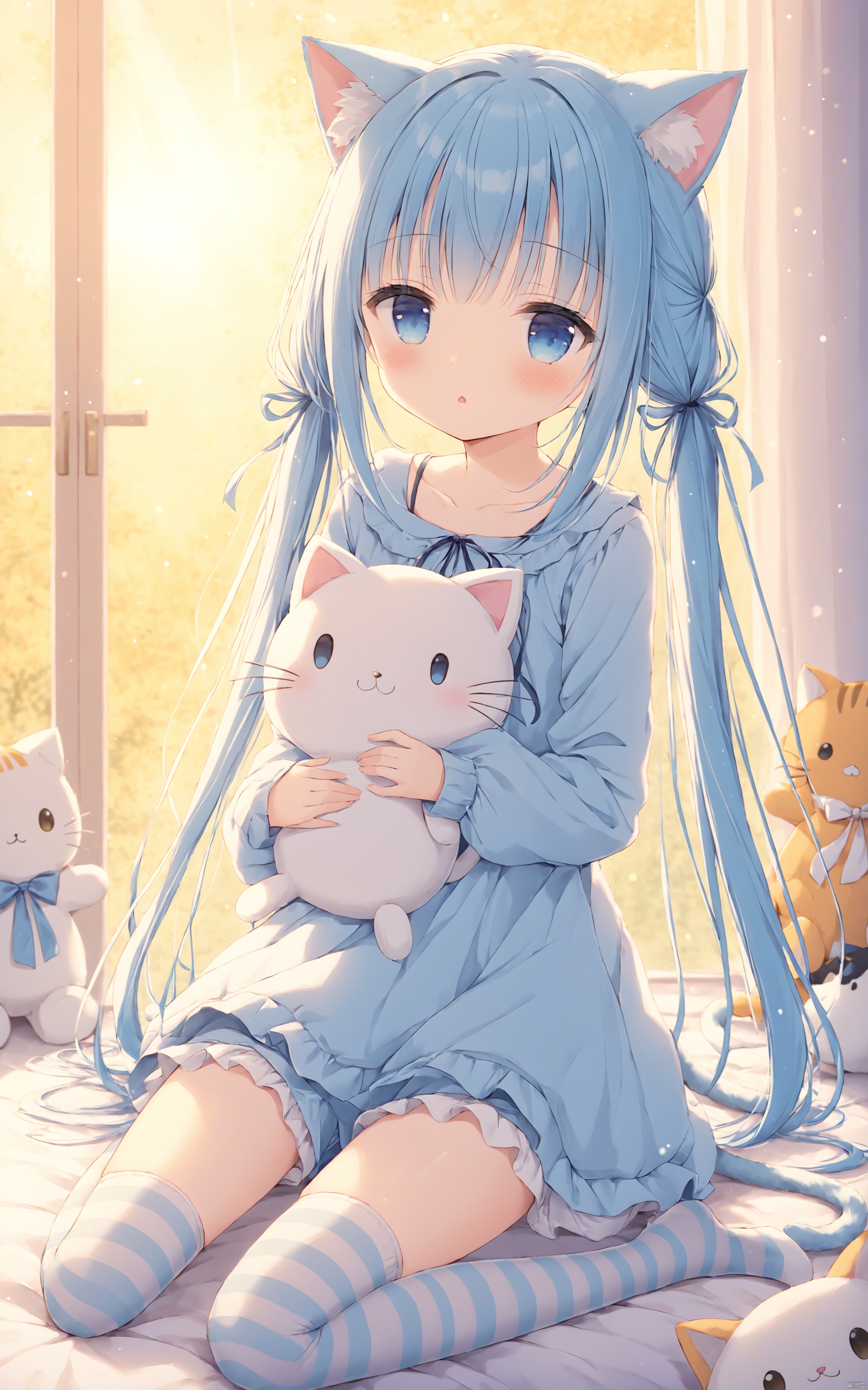  (masterpiece), (best quality), loli, Tyndall effect, Crepuscular Rays, blurry, blurry_foreground, depth_of_field, animal_ears, cat_ears, cat_tail, stuffed_cat, cat_girl, tail, long_hair, 1girl, blurry_background, striped_legwear, stuffed_toy, striped, (bloomers), zettai_ryouiki, stuffed_animal, blue_eyes, blue_hair, very_long_hair, hair_ornament, long_sleeves, collarbone, parted_lips, solo, bangs, hair_bobbles, blush, knees_up, looking_at_viewer, holding_stuffed_toy, holding