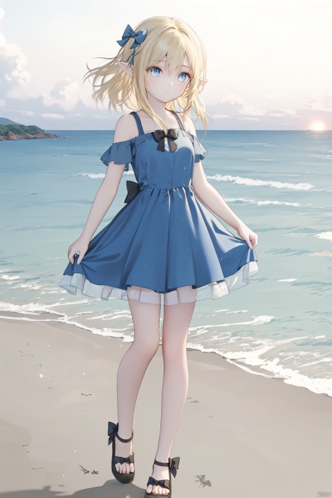 1 Girl, Elf, Blonde Hair, Bow, Blue Eyes, Dress, Silhouette, Full Body, Depth of Field, full_body, Leg Ornament, Beach, From the Front, Standing, Walking, Looking at the Sea