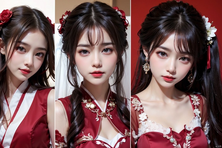 1girl, red dress, wedding dress, rouge, blush, Hanfu, different expressions, different face, 