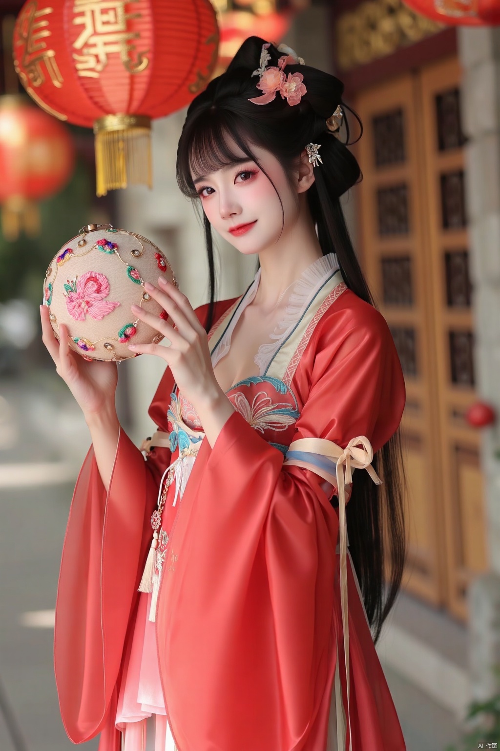 A girl, Wearing red Han suit, long hair,Medium breast，the Cleavage Line, exquisite face, lots of jewelry, and a mobile phone holding an embroidery ball to her head. HD picture quality.the Chinese New Year Festival