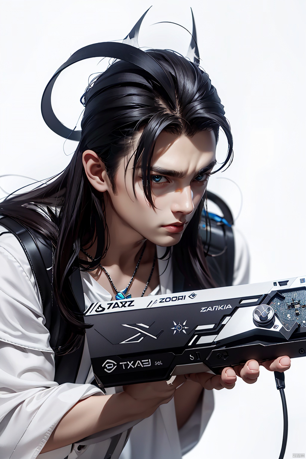  White background,as,st,stxianka,zotac,long hair,1boy,male focus,solo,,Graphics card,pendant,nvidia,