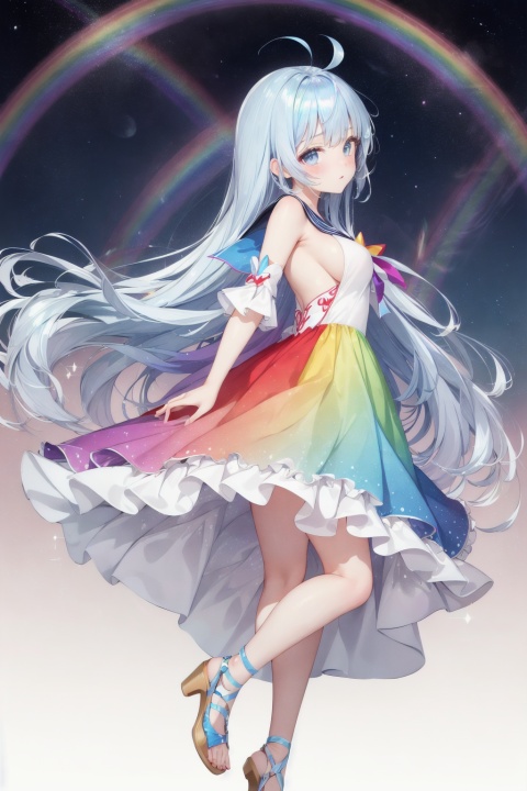 ((extremely detailed CG)),((8k_wallpaper)),(((masterpiece))),((best quality)),watercolor_(medium),((beautiful detailed starry sky)),cinmatic lighting,loli,princess,very long rainbow hair,side view,looking at viewer,full body,frills,(far from viewer),((extremely detailed face)),((an extremely delicate and beautiful girl)),((extremely detailed cute anime face)),((extremely detailed eyes)),(((extremely detailed body))),(ultra detailed),illustration,((bare stomach)),((bare shoulder)),small breast,((sideboob)),((((floating and rainbow hair)))),(((Iridescence and rainbow hair))),(((extremely detailed sailor dress))),((((Iridescence and rainbow dress)))),(Iridescence and rainbow eyes),beautiful detailed hair,beautiful detailed dress,dramatic angle,expressionless,(big top sleeves),frills,blush,(ahoge)