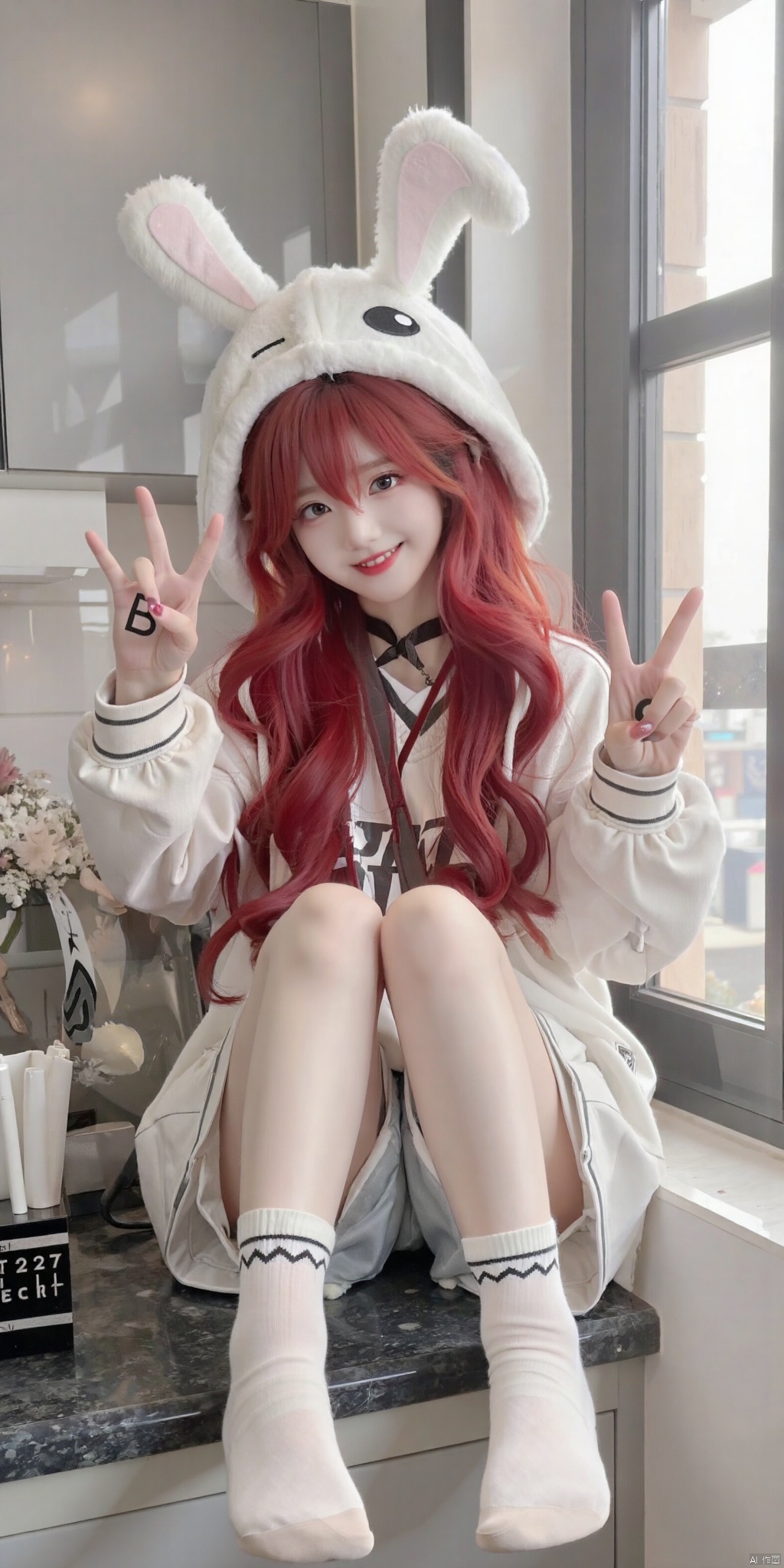 AKJK,1 girl,loli,Very exaggerated long blood-red hair, in his left hand'S' Signs,In your right hand, it says'B' Signs，Close one eye, smile, sit, white jump socks, kicks, exaggerated gaugers