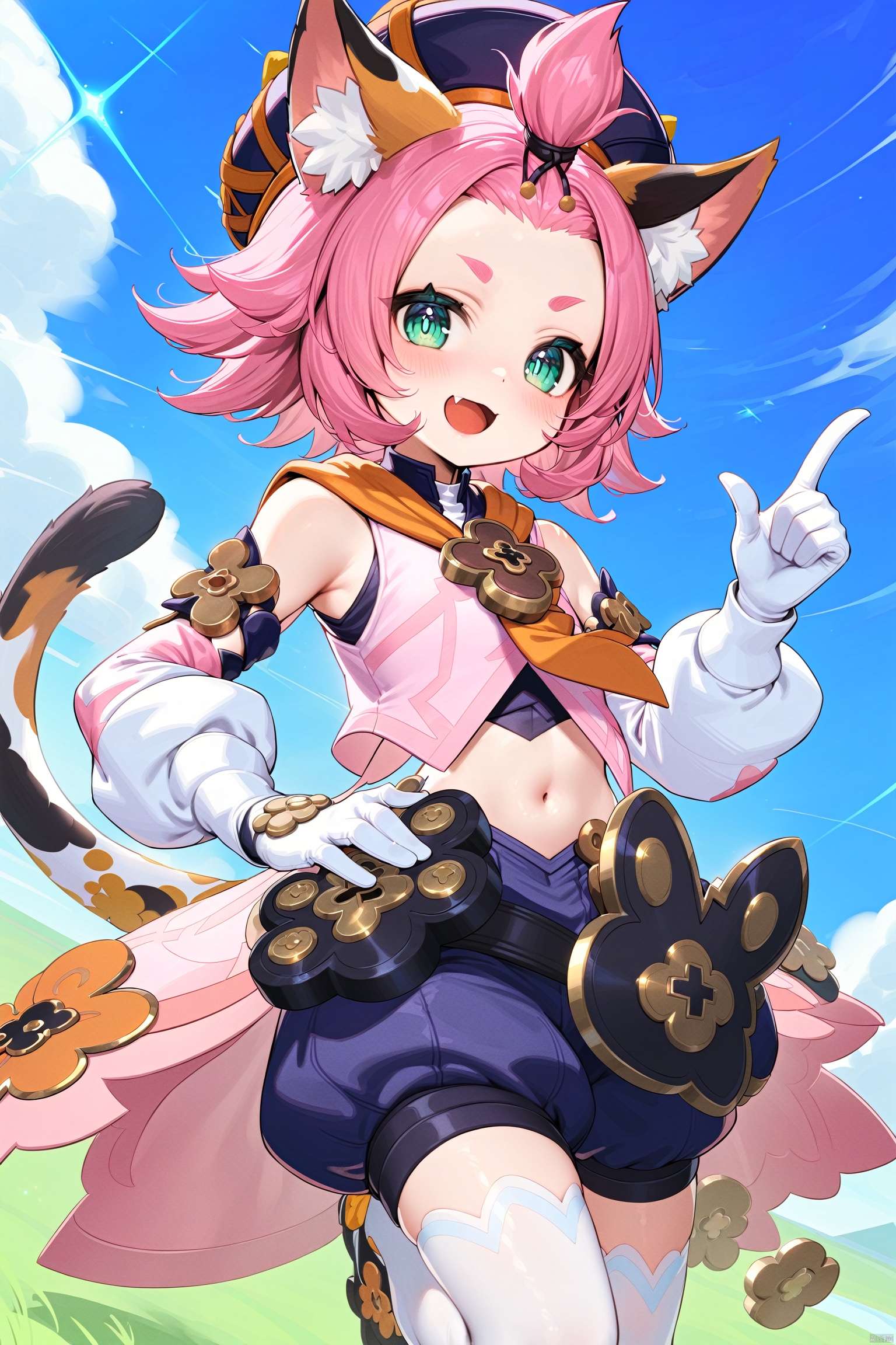  1girl, solo, looking at viewer, blush, smile, short hair, open mouth, gloves, hat, ribbon, navel, animal ears, green eyes, tail, pink hair, detached sleeves, shorts, fang, midriff, cat ears, white gloves, cat tail, animal ear fluff, hand on hip, sparkle, black shorts,White pantyhose,cat girl, index finger raised, forehead, pink shirt, bangs pinned back, puffy shorts, diona \(genshin impact\), loli