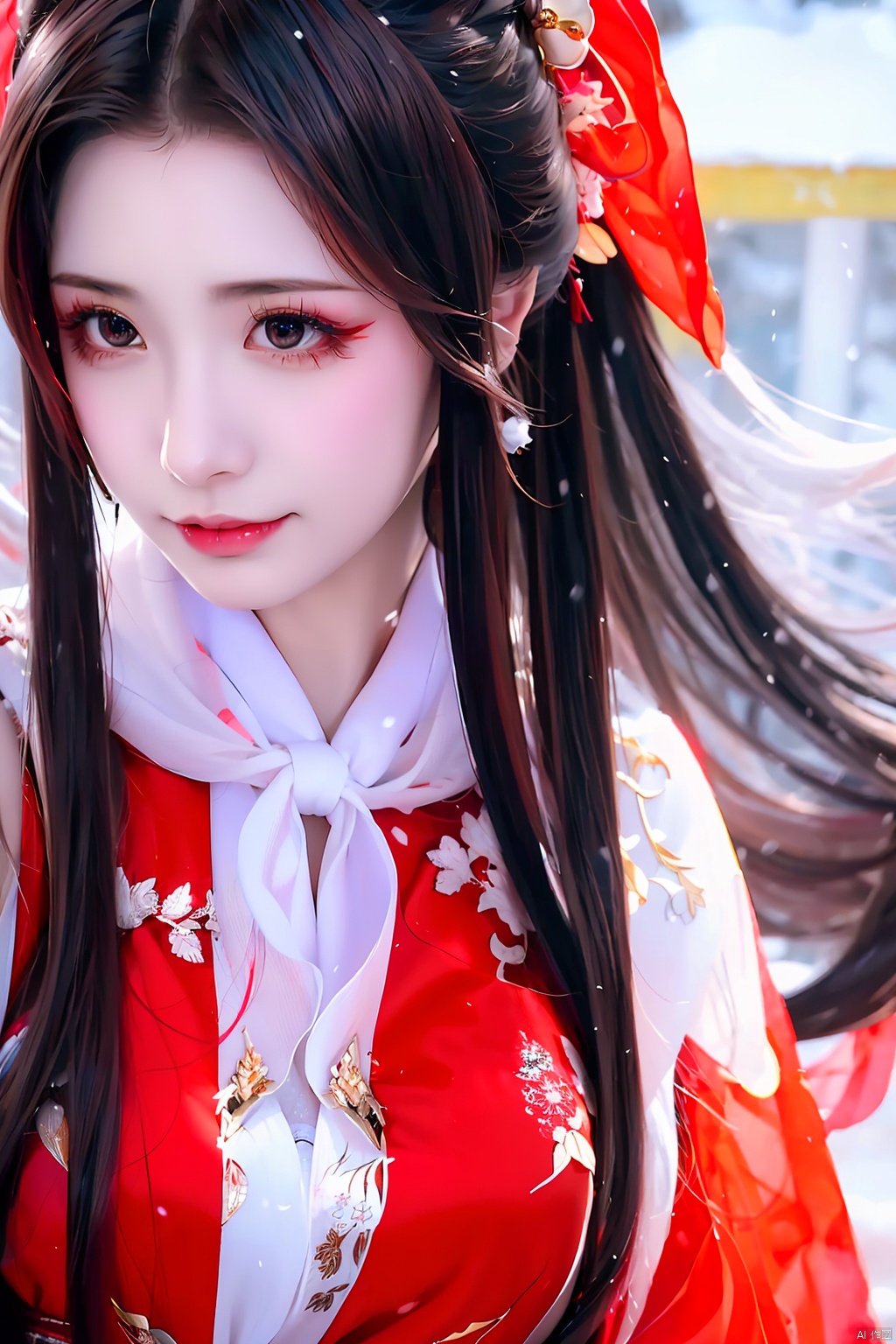  A girl, in the midst of heavy snowfall, wearing a red Hanfu, adorned with jewelry and accessories, possessing ultra-long hair that flows freely, donning a waistcoat, looking directly at the camera, her long hair billowing in the wind.