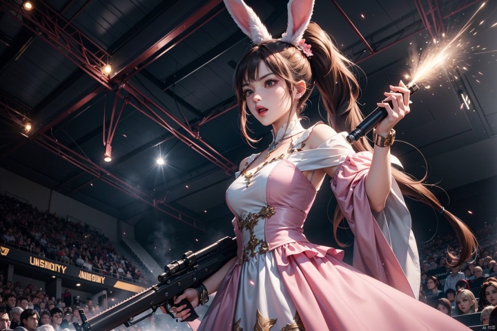 Masterpiece, best quality, official artwork, extremely detailed CG Unity 8K wallpaper, 1 female character, high ponytail, facing the audience, POV perspective, standing posture, angry expression, upper body close-up, AK47, Gatling, rabbit ears, pink dress, beam, light particles.