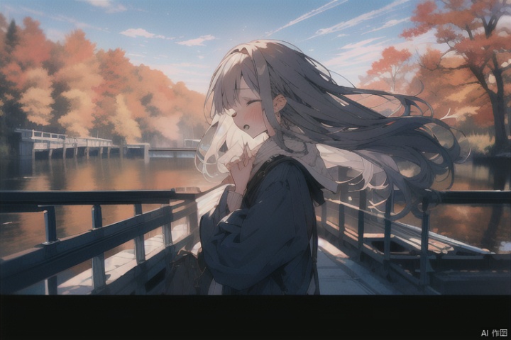 A girl, 25 years old, sad (1.1),standing on the bridge, her long hair fluttering slightly in the wind, her fingers intertwined, her eyes closed, her head slightly raised, tears falling down her face,profile,autumn 