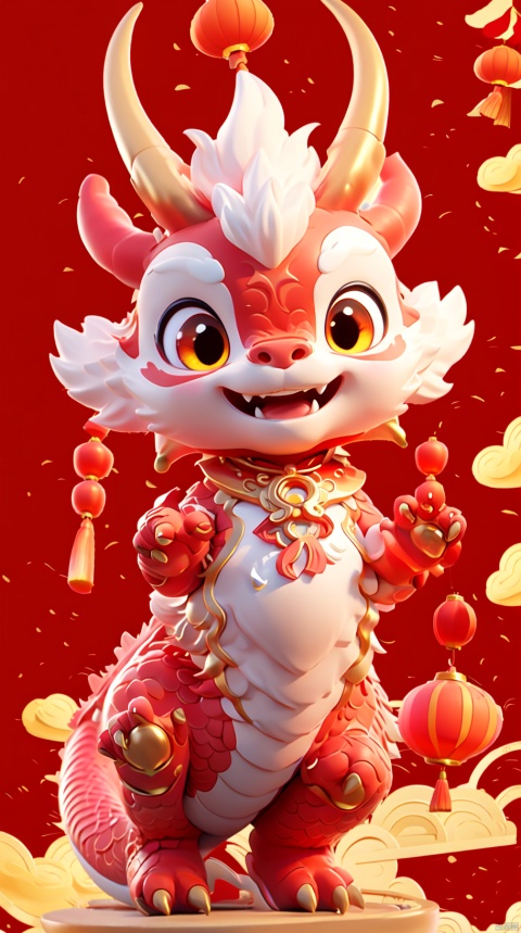  a red dragon, smile, red background, a small number of red lanterns, Chinese elements with firecrackers around and fireworks in the background, goddess