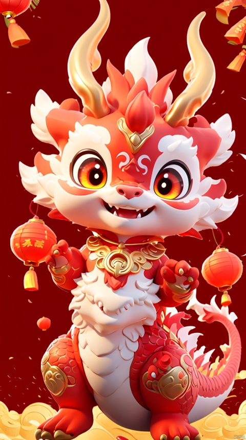  a red dragon, smile, red background, a small number of red lanterns, Chinese elements with firecrackers around and fireworks in the background, goddess
