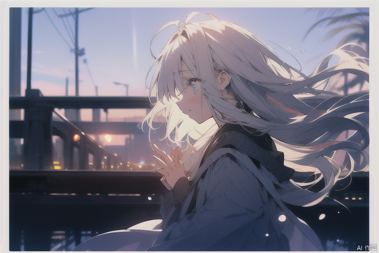 A girl, 25 years old, sad (1.1),standing on the bridge, her long hair fluttering slightly in the wind, her fingers intertwined, her eyes closed, her head slightly raised, tears falling down her face,profile,summer