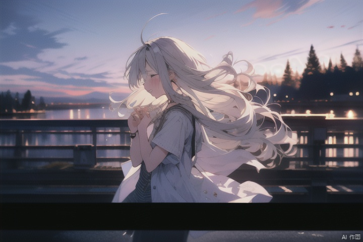 A girl, 25 years old, sad (1.1),standing on the bridge, her long hair fluttering slightly in the wind, her fingers intertwined, her eyes closed, her head slightly raised, tears falling down her face,profile,summer