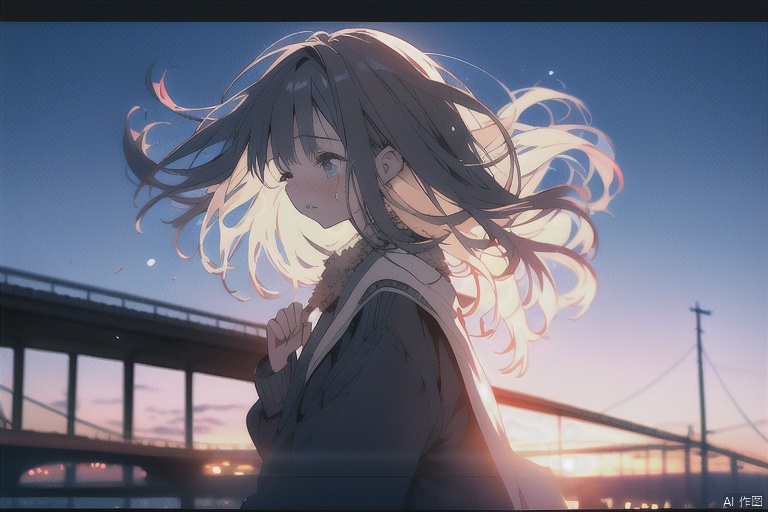 A girl, 25 years old, sad (1.1),standing on the bridge, her long hair fluttering slightly in the wind, her fingers intertwined, her eyes closed, her head slightly raised, tears falling down her face,profile,spring (season)