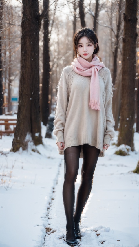  full body,Winter, snow, beautiful youth girl, pantyhose, random colors, long sweater, scarf, depth of field, real light, ray tracing, OC renderer, UE5 renderer, super realistic, best quality, 8K, master works, ultra fine, detailed, correct human body structure
,black pantyhose