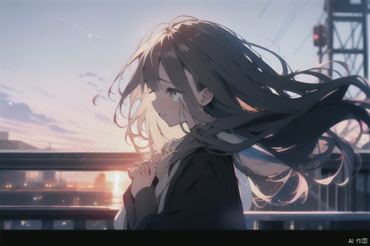 A girl, 25 years old, sad (1.1),standing on the bridge, her long hair fluttering slightly in the wind, her fingers intertwined, her eyes closed, her head slightly raised, tears falling down her face,profile,spring (season)