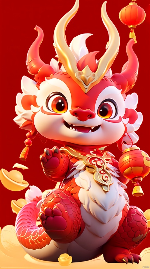 a red dragon, smile, red background, a small number of red lanterns, Chinese elements with firecrackers around and fireworks in the background, goddess, eyeglasses