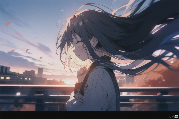 A girl, 25 years old, sad (1.1),standing on the bridge, her long hair fluttering slightly in the wind, her fingers intertwined, her eyes closed, her head slightly raised, tears falling down her face,profile,autumn 