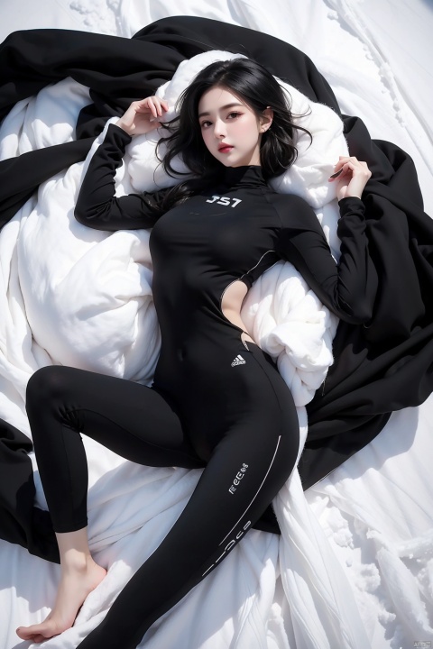  1 girl,(black tight yoga suit),Black hair, white esports earphones, (snow),full body,Lying down, looking from above