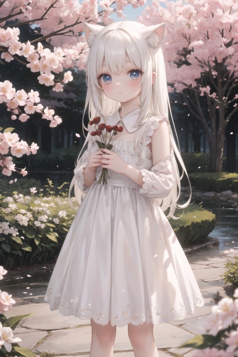 The image features a beautiful anime girl dressed in a flowing white and red dress,standing amidst a flurry of red cherry blossoms. The contrast between her white dress and the red flowers creates a striking visual effect. The lighting in the image is well-balanced,casting a warm glow on the girl and the surrounding flowers. The colors are vibrant and vivid,with the red cherry blossoms standing out against the white sky. The overall style of the image is dreamy and romantic,perfect for a piece of anime artwork. The quality of the image is excellent,with clear details and sharp focus. The girl's dress and the flowers are well-defined,and the background is evenly lit,without any harsh shadows or glare. From a technical standpoint,the image is well-composed,with the girl standing in the center of the frame,surrounded by the blossoms. The use of negative space in the background helps to draw the viewer's attention to the girl and the flowers. The cherry blossoms,often associated with transience and beauty,further reinforce this theme. The girl,lost in her thoughts,seems to be contemplating the fleeting nature of beauty and the passage of time. Overall,this is an impressive image that showcases the photographer's skill in capturing the essence of a scene,as well as their ability to create a compelling narrative through their art.catgirl,loli,catgirl,white hair,blue eyes,