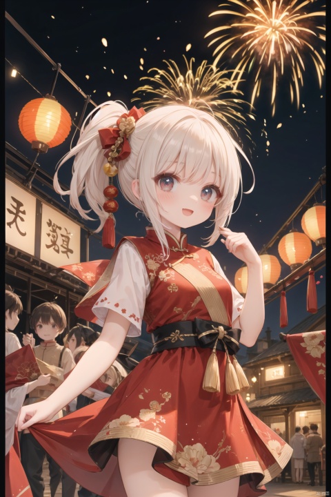 solo,traditional,festive,ChineseNewYear,lanterns,dragon,fireworks,red dress,traditionalhairstyle,happy,cheerful,celebration,prosperity,