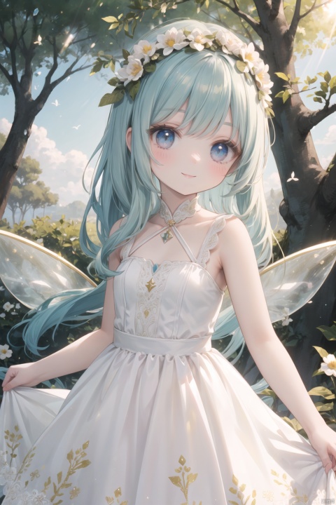 (highlydetailed),(longliverhair),(flowercrown),(smiling),(treetopview),(focusoncharacter),(flowydress),(magical),(lightandairy),(springcolors),(ethereal),(fairysilhouettes),(glitteringwings),(sunlight),(peaceful),(goldenhour),