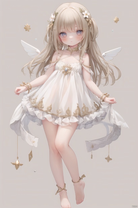 1girl,dance,Fairy,crystal,jewels,black,wings,Holy Light,As white as rosy clouds,solo,long hair,blonde hair,brown hair,hair ornament,white background,dress,bare shoulders,very long hair,full body,flower,wings,barefoot,hair flower,strapless,fairy wings,fairy,