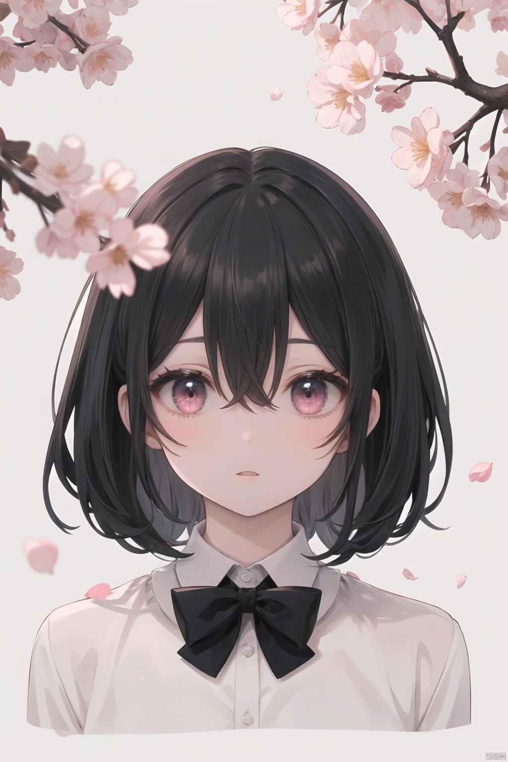 1girl,solo,looking at viewer,blush,long hair,bow,parted lips,bowtie,hair between eyes,bangs,petals,floating hair,shirt,white background,blurry,school uniform,collared shirt,pink eyes,black hair,cherry blossoms,luminous,, masterpiece, best quality, highres,