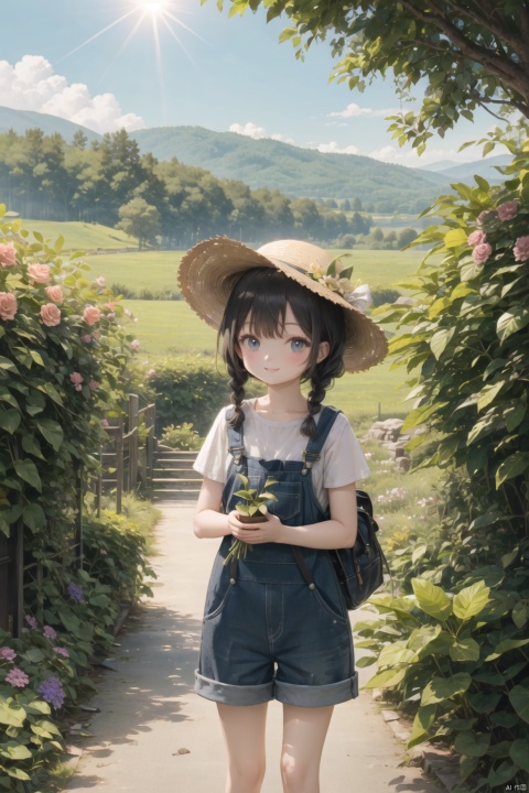 (rural),(peaceful),(greenery),(1girl),(braidedhair),(overalls),(strawhat),(bouquetofflowers),(sunny),(happysmile),
