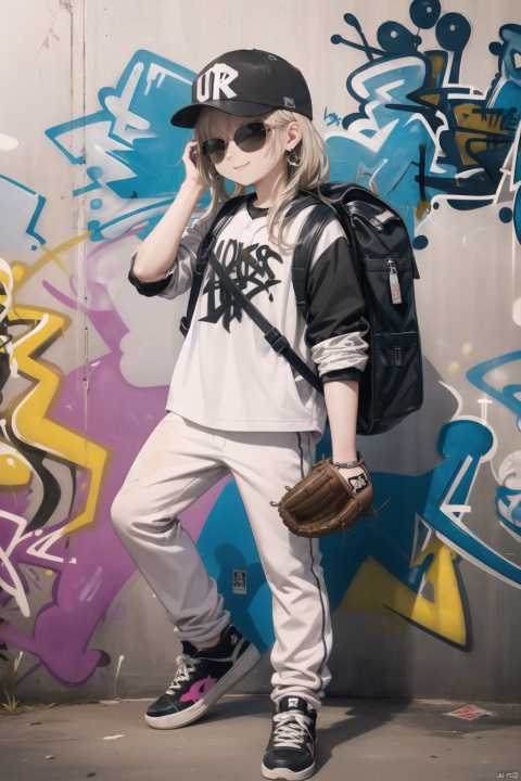 (baseballcap:1.2),(teenager),(casualoutfit),(sneakers),(longhair),(smiling),(sunglasses),(earrings),(backpack),(graffiti:1.5),(urbanbackground),(skateboard),