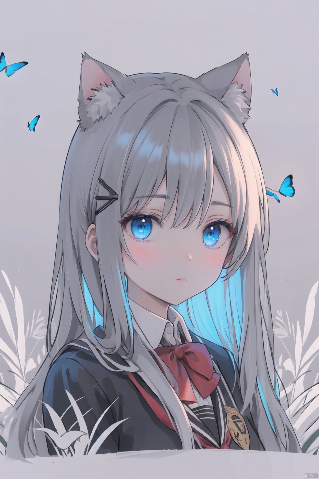  1girl,blush,hair ornament,hairclip,looking at viewer,luminous,solo,long hair,butterfly,,blue eyes,grass,school uniform,cat ears,, masterpiece, best quality, highres,
