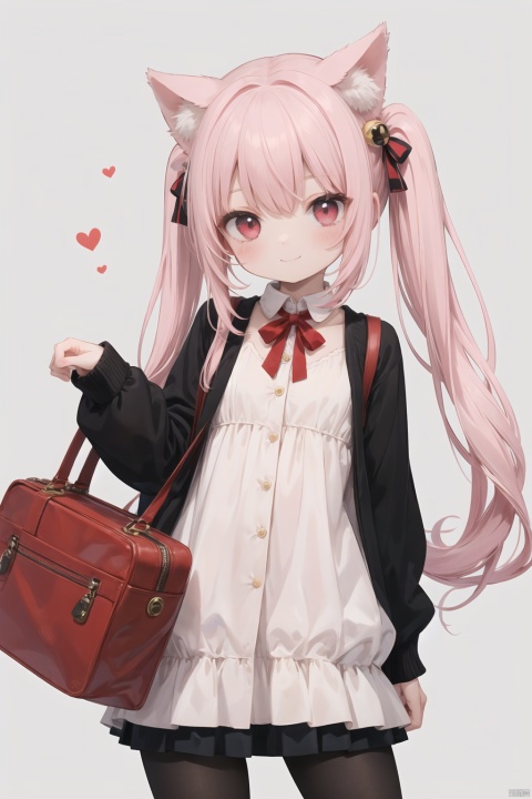 petite,1girl,solo,long hair,looking at viewer,smile,skirt,hair ornament,red eyes,animal ears,twintails,very long hair,school uniform,tail,pantyhose,cat ears,bag,cat tail,sleeves past wrists,black pantyhose,bell,cardigan,hair bell,pink hair,
