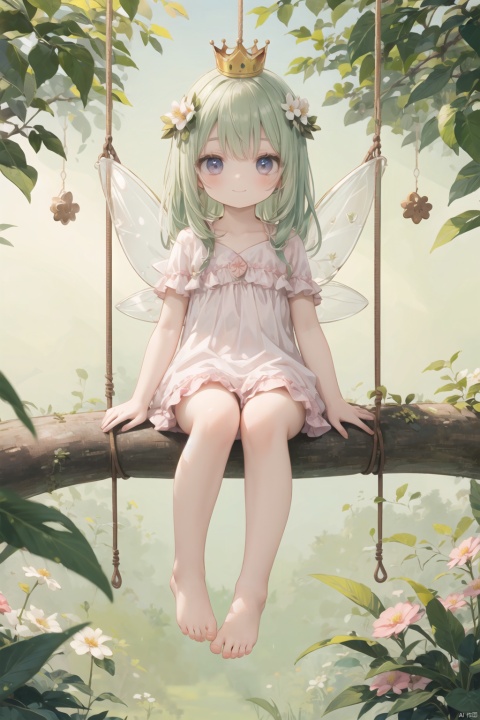 solo_focus,(longhair),(fairy),(smiling),(barefoot),(treetop),(flowerycrown),(happyexpression),(detailedeyes),(leafybackground),(softlighting),(swinglegs),(pastelcolors),