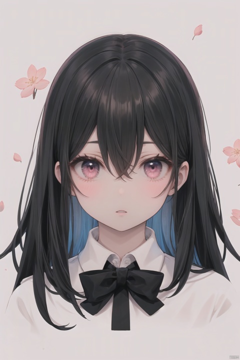 1girl,solo,looking at viewer,blush,long hair,bow,parted lips,bowtie,hair between eyes,bangs,petals,floating hair,shirt,white background,blurry,school uniform,collared shirt,pink eyes,black hair,cherry blossoms,luminous,, masterpiece, best quality, highres,