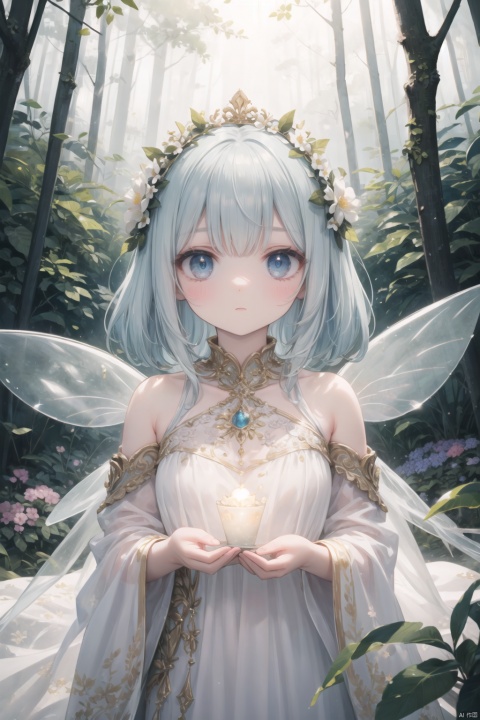 occluding vine,fairy,detailed face,elaborate flower crown,intense gaze,delicate wings,enchanting,ethereal,dazzling,magical,mystic,floral,elaborate dress,serene expression,luminescent,otherworldly,enchanted forest,intricate,ethereal glow.,