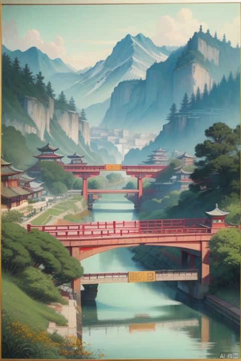 QIEMANCN,chinese painting,chinese style,a painting of a city with a bridge and a river in the middle of it, guofeng