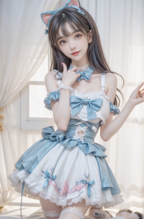  (Good structure), DSLR Quality,(wariza),,Girl, bare shoulders, blue hair, boobs, bow tie, brown eyes, cat ears, collar, ((Lolita Dress: 1.4)) , blue and white Lolita dress, wrinkled leg outfit, hand-held, lips, nose, shoulders, , alone, two-tailed, kind smile, looking at the audience, white leg costume, wrist cuffs, 1girl,,looking_at_viewer, , lolidress, ,, wangyushan