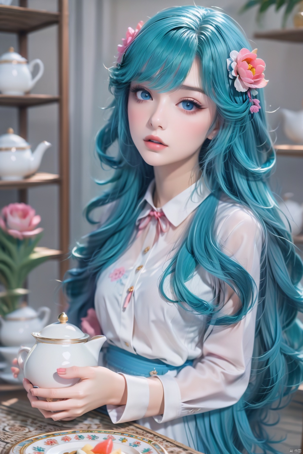  backlight,1girl,aqua hair,blue eyes,cup,flower,hair ribbon,long hair,long sleeves,parted lips,pink flower,pink tulip,plate,red nails,red ribbon,ribbon,shelf,shirt,solo,sugar cube,table,teacup,teapot,tulip,twintails,white shirt,