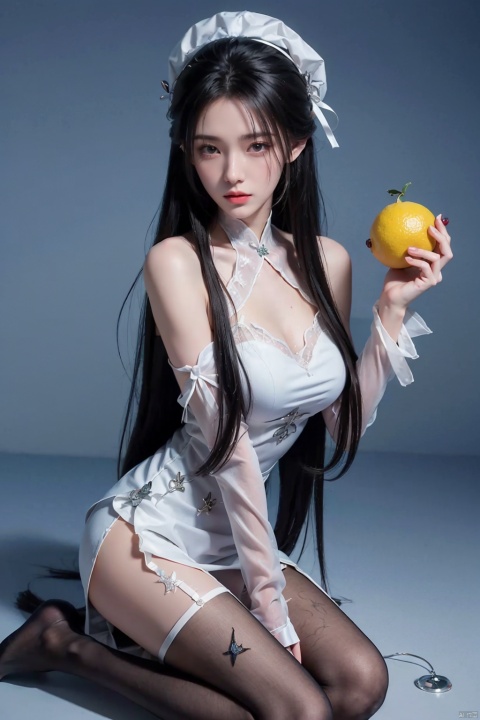  masterpiece,best quality,high quality,(colorful),[Artist miwano rag],[Artist chen bin],[Artist wlop],Artist myush,1girl, solo, food, fruit, dress, long hair, breasts, holding, hat, lemon, looking at viewer, holding food, hair ornament, bare shoulders, grey eyes, pantyhose, parted lips, white dress, medium breasts, water drop, white headwear, holding fruit, hairclip, very long hair, wrist cuffs, lemon slice, ribbon, leaf, white hair, white background, sleeveless dress, hair between eyes, floral print, frills，kneel