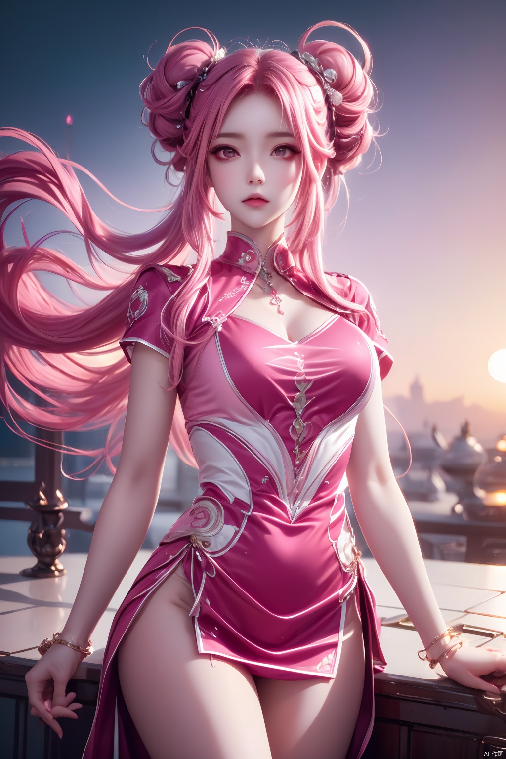  vibrant colors, female, masterpiece, sharp focus, best quality, depth of field, cinematic lighting, long hair, pink hair, twin tail, pink eyes, pink outfit, landscape, sunset, pink sky, town