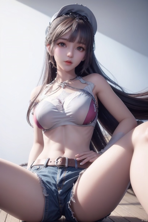  (Best Quality), (Masterpiece), (High), Illustrated, Original, Very Detailed, 1 Girl, Solo, Hat, Shorts, Big breast，long Hair, Whistle, Long Legs, Wrist Straps, Baseball Hat, Navel, Long Hair, Abdomen, Shorts, Belt, Shirt, Hand on Hips, Lips, White Shorts, White Background, Blue Long Legs, Looking at the Audience, Tie Shirt, Simple Background，sitting